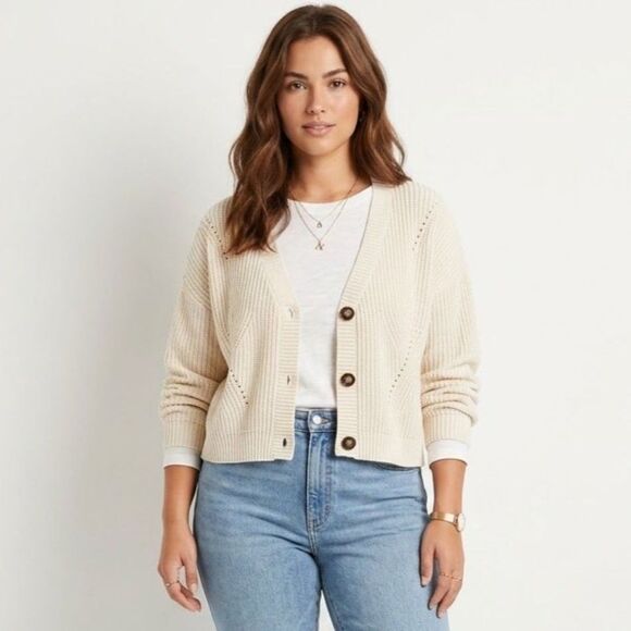 Ivy & Blu Sweaters - Ivy & Main Cream Pointelle Knit Cropped Cardigan Sweater Soft Girl Boho Chic XL